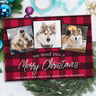 Cartes Pour Fêtes Annuelles Red Plaid Custom Pet Photo Amoureux des chiens Noë