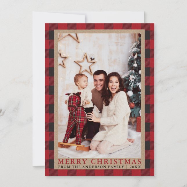 Cartes Pour Fêtes Annuelles Red Plaid Family Photo Joyeux Noël Kraft (Devant)