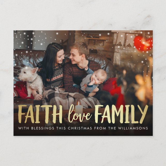Cartes Pour Fêtes Annuelles Red Plaid & Gold Faith Love Family Christmas Photo (Devant)