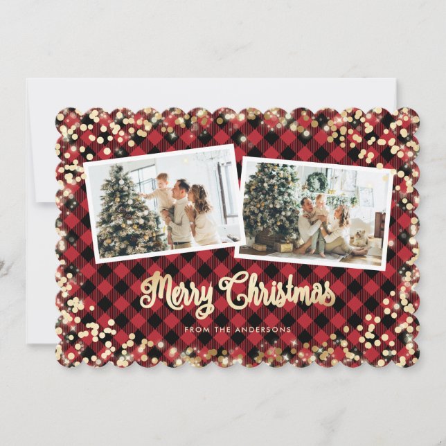 Cartes Pour Fêtes Annuelles Red Plaid Gold Snow Joyeux Noël Photo (Devant)