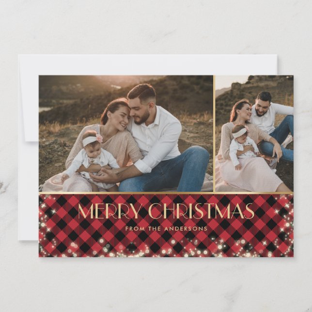 Cartes Pour Fêtes Annuelles Red Plaid Gold Sparkly Photo Joyeux Noël (Devant)
