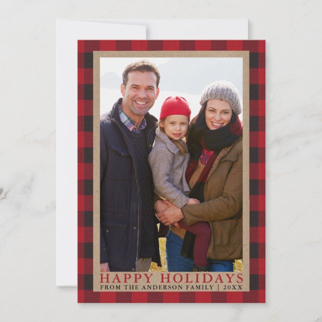 Cartes Pour Fêtes Annuelles Red Plaid Happy Holidays Famille Photo Kraft (Devant)