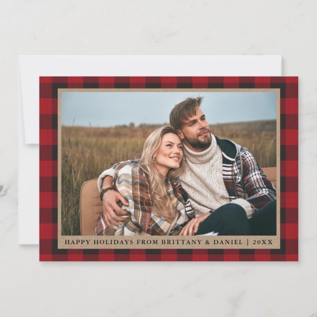 Cartes Pour Fêtes Annuelles Red Plaid Happy Holidays Kraft Couple Photo (Devant)