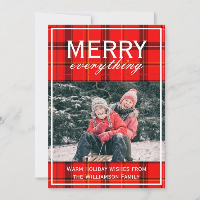 Cartes Pour Fêtes Annuelles Red Plaid Joyeux Tout Famille Photo Noël (Devant)