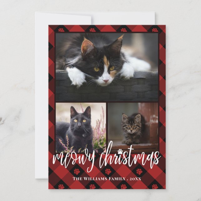Cartes Pour Fêtes Annuelles Red Plaid Meowy Christmas Photo Collage (Devant)