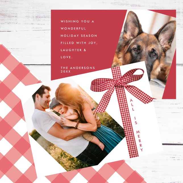 Cartes Pour Fêtes Annuelles Red Plaid Ribbon Simple 2 Photo Christmas (Créateur téléchargé)