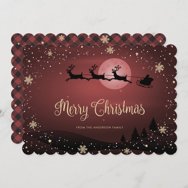 Cartes Pour Fêtes Annuelles Red Plaid Snowflake Reindeer Santa Claus (Devant / Derrière)