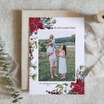 Cartes Pour Fêtes Annuelles Red Poinsettia Botanique Photo Joyeux Noël<br><div class="desc">Joyeux Noël! Envoyez vos souhaits et vos salutations de vacances à votre famille et à vos amis avec cette carte photo de Noël florale personnalisable. Il présente un cadre aquarelle de pinecones, aiguilles de pin, creux, baies et poinsettias rouges. Personnalisez en ajoutant des noms, des messages et des photos. Des...</div>