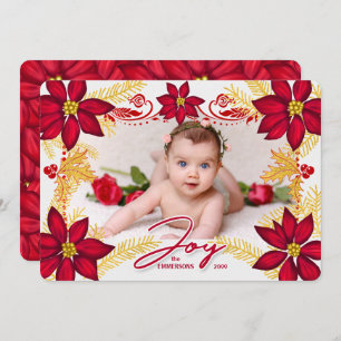 Cartes Pour Fêtes Annuelles Red Poinsettia Joie et Gold Pine avec photo