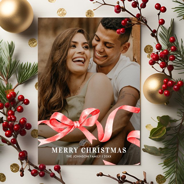 Cartes Pour Fêtes Annuelles Red Ribbon Bow Photo Noël (Créateur téléchargé)