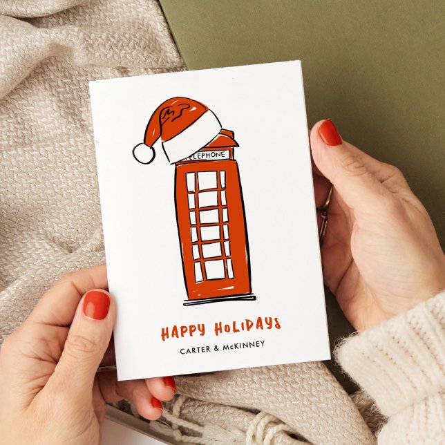 Cartes Pour Fêtes Annuelles Red Santa Hat London Red Telephone Box Business (Red Santa Hat London Red Telephone Box Illustrated Business Holiday Card)
