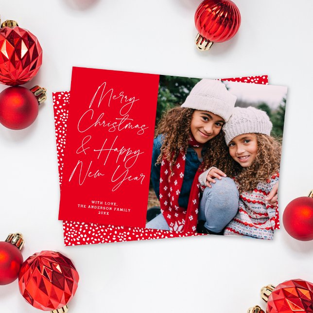 Cartes Pour Fêtes Annuelles Red Script Joyeux Noël et Bonne Année Photo (Créateur téléchargé)
