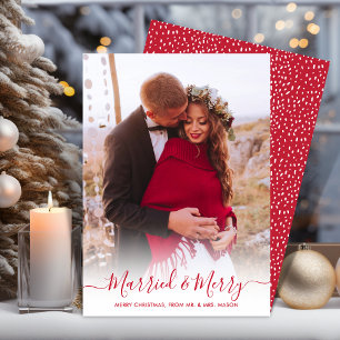 Cartes Pour Fêtes Annuelles Red Script One Photo Marié et Joyeux Noël