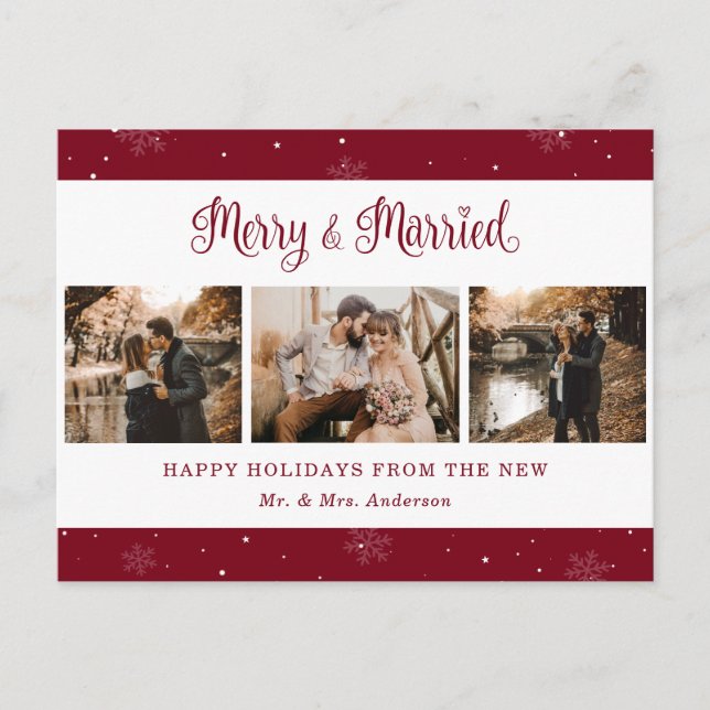 Cartes Pour Fêtes Annuelles Red Snowflake Botanical Newlywed Photo Holiday (Devant)