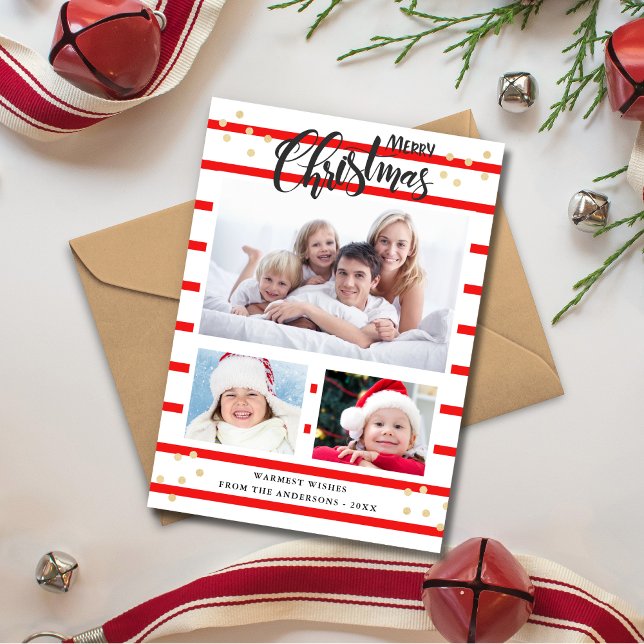 Cartes Pour Fêtes Annuelles Red Stripe Joyeux Noël 3 Photo Collage Card (Créateur téléchargé)