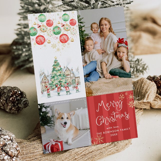 Cartes Pour Fêtes Annuelles Red Stripes Festive Greens Joyeux Noël 2 Photo (Créateur téléchargé)