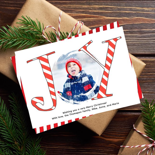 Cartes Pour Fêtes Annuelles Red Sucre de canne Stripe Noël Photo Joie (Joy typography Christmas photo card template. )