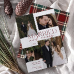 Cartes Pour Fêtes Annuelles Red Tartan Marié & Joyeux Photo Moderne Nouveau<br><div class="desc">Voici notre nouvelle carte de vacances Red Tartan Married et Merry Modern 4 Photo Newlyly : un design moderne avec une typographie élégante et une photo mariage chère, en rouge et blanc festif. Le front minimaliste est complété par un chaleureux, festif, avec un écossais rouge et vert à l'arrière, et...</div>
