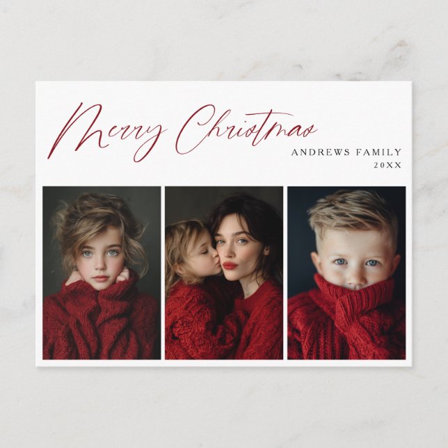 Cartes Pour Fêtes Annuelles Red Three photo Christmas Holiday Design (Devant)