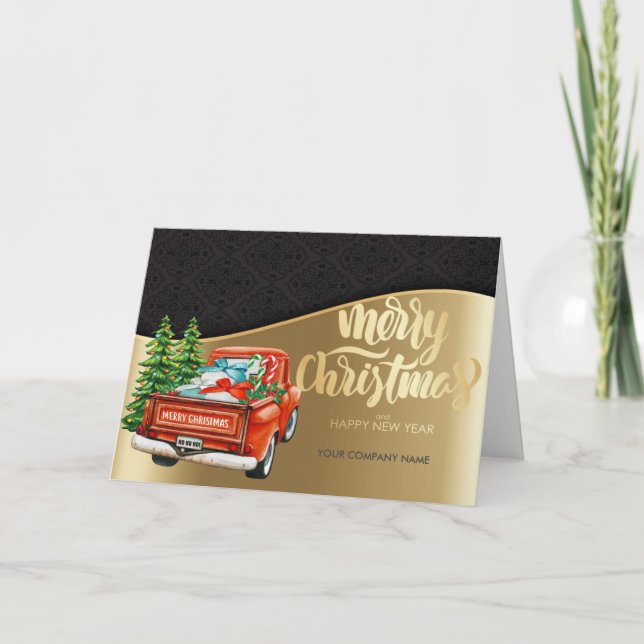 Cartes Pour Fêtes Annuelles Red Truck Pine Tree Joyeux Noël Gold Salutation (Devant)