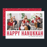 Cartes Pour Fêtes Annuelles Red Typography Photo Collage Happy Hanoukka<br><div class="desc">Heureux Hanoukka ! Carte de collage photo Happy Hanoukka personnalisable avec typographie simple rouge et motif de neige. Personnalisez en ajoutant trois photos,  noms,  année et autres détails. Cette carte à plat Hanoukka moderne est disponible en d'autres couleurs et en carton.</div>