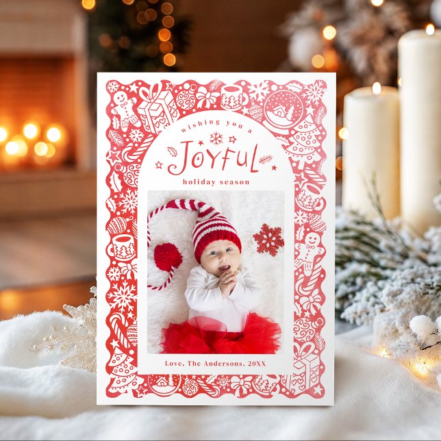 Cartes Pour Fêtes Annuelles Red Whimsical Hand Drawn Joyful Holiday Photo (Red Whimsical Hand Drawn Joyful Holiday Photo)