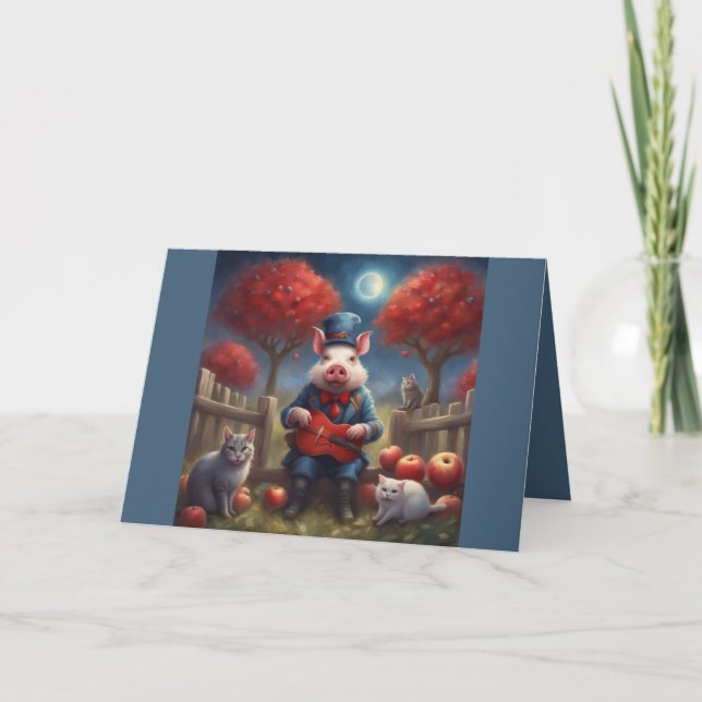 Cartes Pour Fêtes Annuelles Red white and blue Fall apples and dapper Pig (Devant)