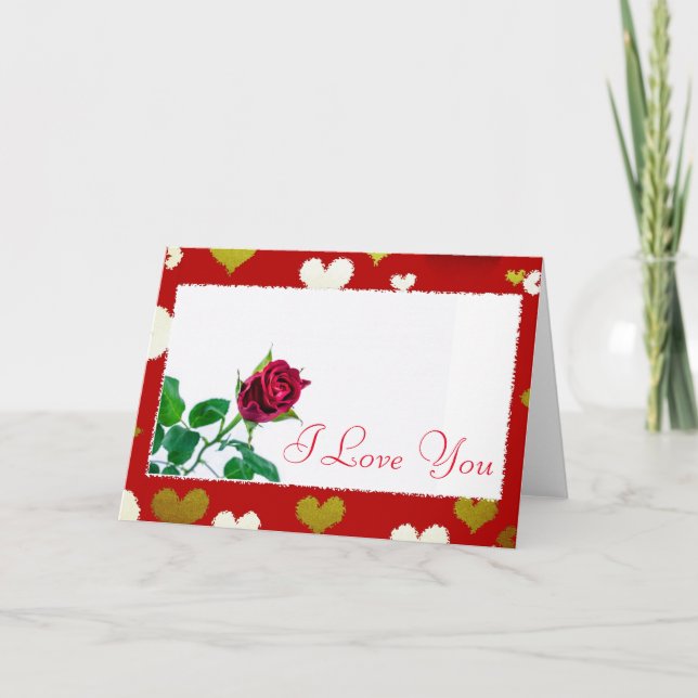 Cartes Pour Fêtes Annuelles Red White Heart avec Rose Je t'aime (Devant)