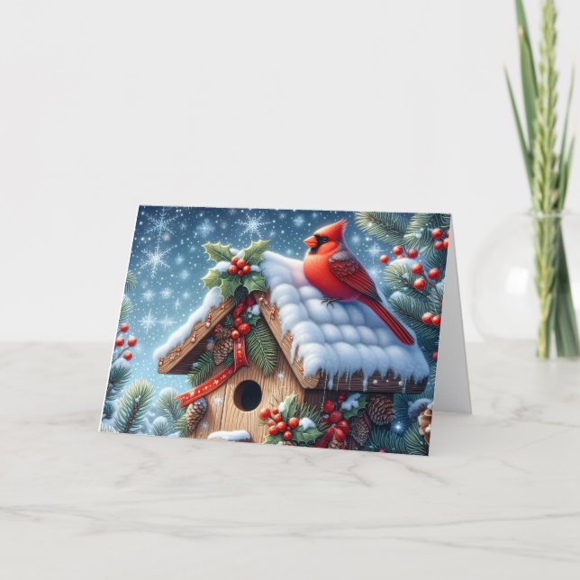 Cartes Pour Fêtes Annuelles Red Winter Cardinal on Birdhouse Christmas (Devant)
