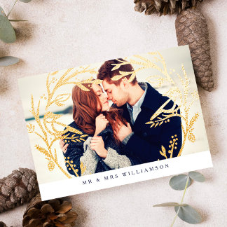 Cartes Pour Fêtes Annuelles Regal Gold Bird & Branch Monogram Newlyweds Photo