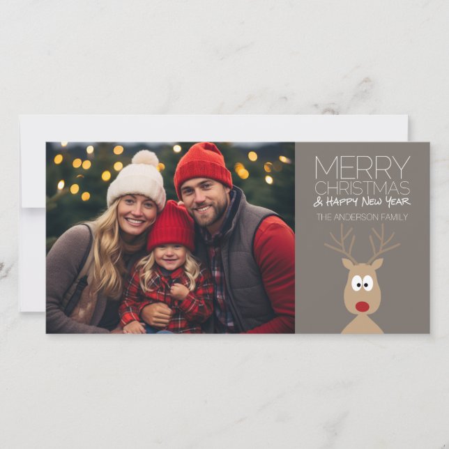 Cartes Pour Fêtes Annuelles Reindeer de dessin animé avec Joyeux Noël et photo (Devant)