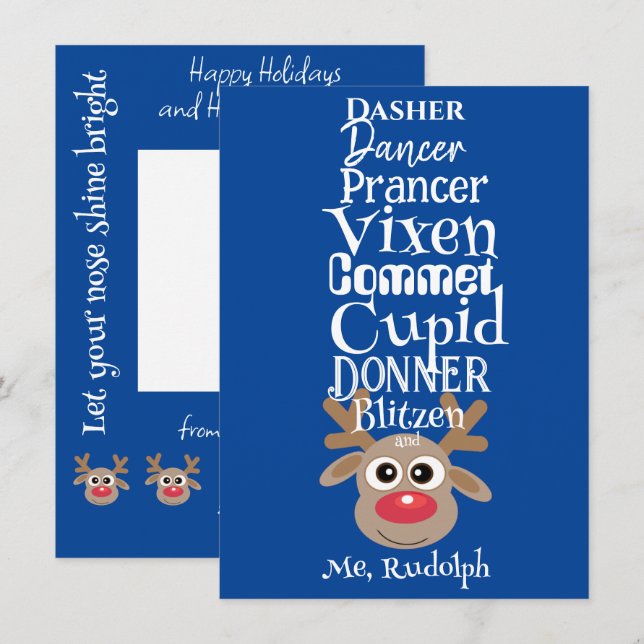 Cartes Pour Fêtes Annuelles Reindeer de Noël Rudolph Fun Cute Blue (Devant / Derrière)