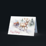 Cartes Pour Fêtes Annuelles Reindeer Et Père Noël<br><div class="desc">Rennes d'aquarelle tirant le Père Noël dans un traîneau à l'ancienne</div>