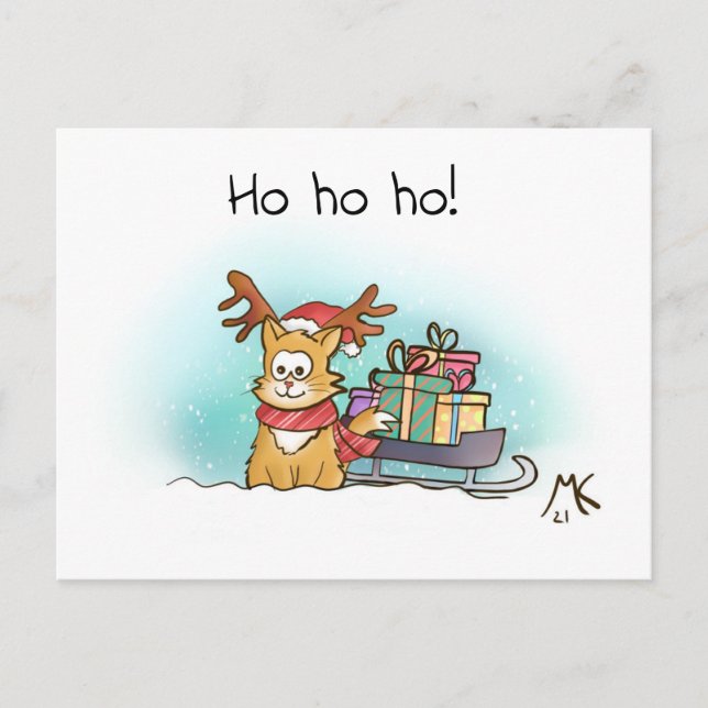 Cartes Pour Fêtes Annuelles Reindeer Kitty avec un traîneau plein de présents (Devant)