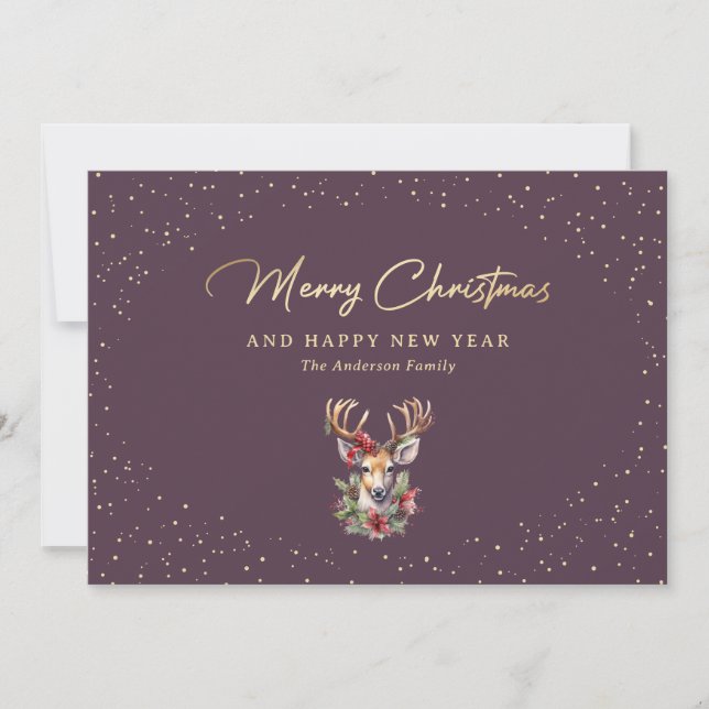 Cartes Pour Fêtes Annuelles Reindeer Purple Gold Snow Joyeux Noël (Devant)