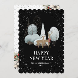 Cartes Pour Fêtes Annuelles Reindeer Snowy Forest Black New Year Card