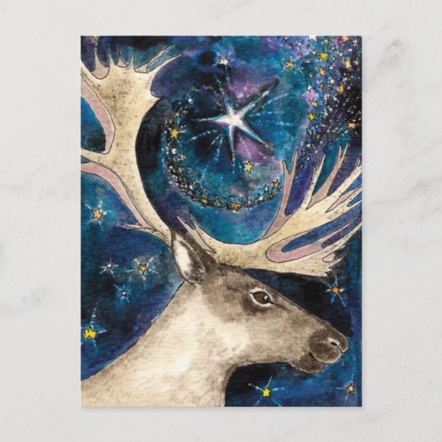 Cartes Pour Fêtes Annuelles Reinder de Noël à la nuit avec une étoile brillant (Devant)