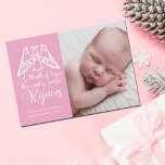 Cartes Pour Fêtes Annuelles Rejoice Elegant Baby Girl Photo Pink Noël<br><div class="desc">Un élégant ange est assis sur les paroles de Noël des paroles de O Holy Night sur cette belle carte de vacances rose et blanc. Un frisson d'espoir, le monde fatigué se réjouit. Réjouissez-vous avec cette belle carte de faire-part de naissance religieuse avec une calligraphie magnifique et votre photo de...</div>