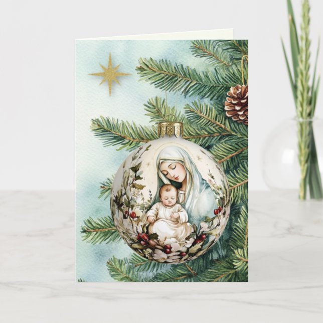 Cartes Pour Fêtes Annuelles Religieuse Mère Marie Jésus Aquarelle Noël (Devant)