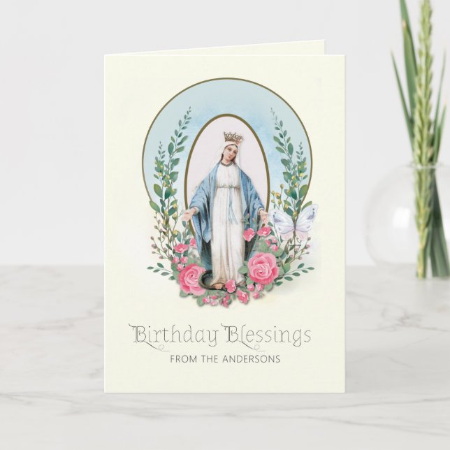 Cartes Pour Fêtes Annuelles Religieuse Vierge Marie Rose Anniversaire catholiq (Devant)