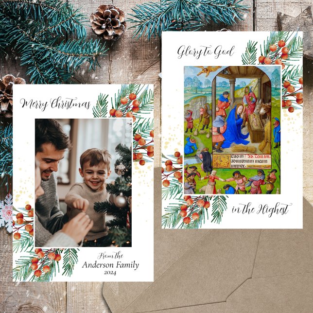 Cartes Pour Fêtes Annuelles Religieux chrétien Noël Vert Élégant Photo (Medieval Religious Christian Catholic Merry Christmas Epiphany Green Elegant Photo Holiday Card)