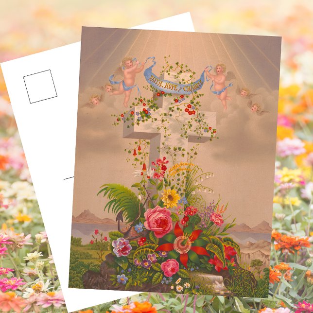 Cartes Pour Fêtes Annuelles Religieux Foi Espérance Charité Florale Croix de P (Vintage Religious Christian Catholic Faith Hope Charity Floral Easter Cross Angel Holiday Postcard)