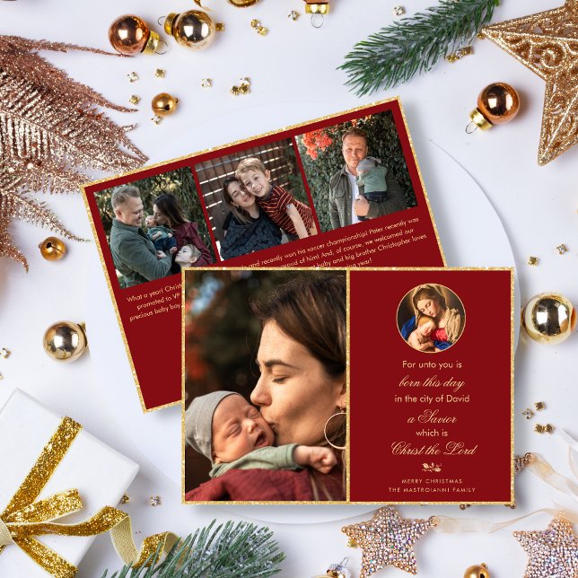Cartes Pour Fêtes Annuelles Religieux Vierge et Enfant Photo catholique Noël (Red and gold religious Christmas card with family photo collage and image of the Madonna and Child)