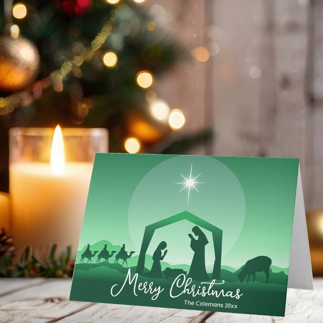 Cartes Pour Fêtes Annuelles Religious Merry Christmas Green Nativity Scene (Créateur téléchargé)