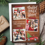 Cartes Pour Fêtes Annuelles Remercié Grateful Blessé Bois Camion Plaid Bande<br><div class="desc">Script de calligraphie moderne Grateful Blessed 3 Photo Collage Carte de vacances comprend Red Buffalo Plaid Craft Tape et aquarelle Vintage Camion rouge avec arbre de Noël. Rustic Country Wood Print.</div>