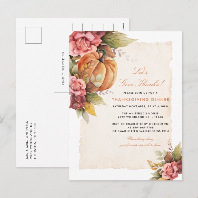 Cartes Pour Fêtes Annuelles Remercions le dîner de Thanksgiving (Devant / Derrière)