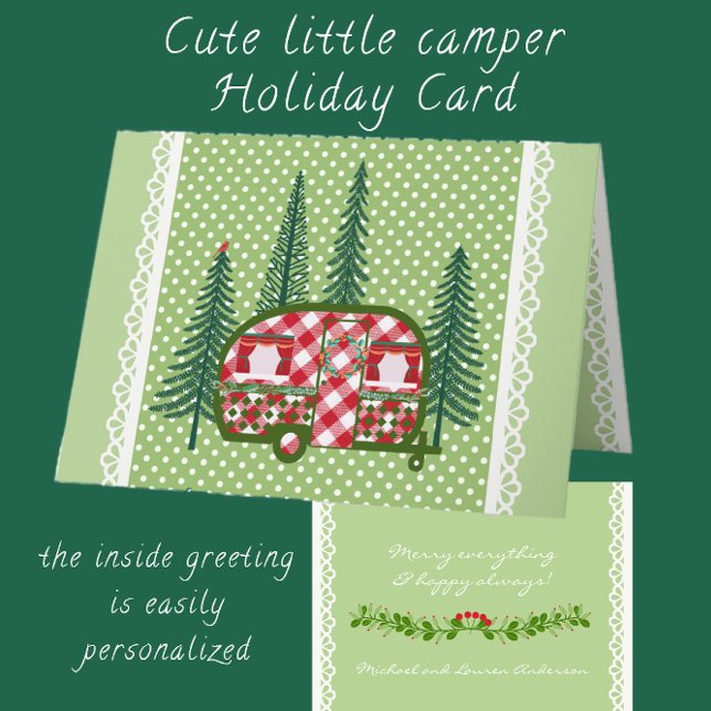 Cartes Pour Fêtes Annuelles Remorque Camper Rouge Chèque Cute et Pine Trees (Créateur téléchargé)