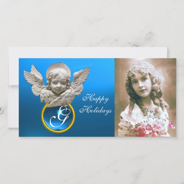 Cartes Pour Fêtes Annuelles RENAISSANCE FLORENTINE ANGEL Sapphire Gem Monogram (Devant)
