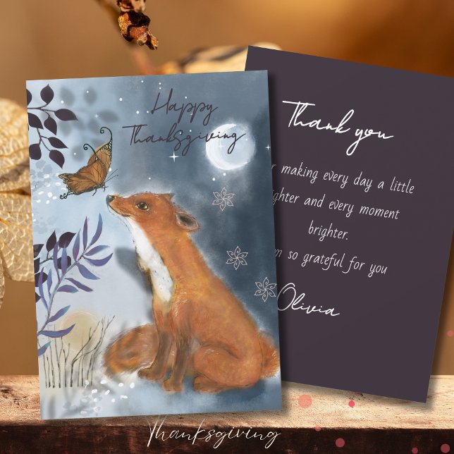Cartes Pour Fêtes Annuelles Renard boisé magique et papillon Thanksgiving (Magical Woodland Fox & Butterfly Thanksgiving Holiday Card)
