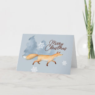 Cartes Pour Fêtes Annuelles Renard dans la forêt de Noël aquarelle bleue  